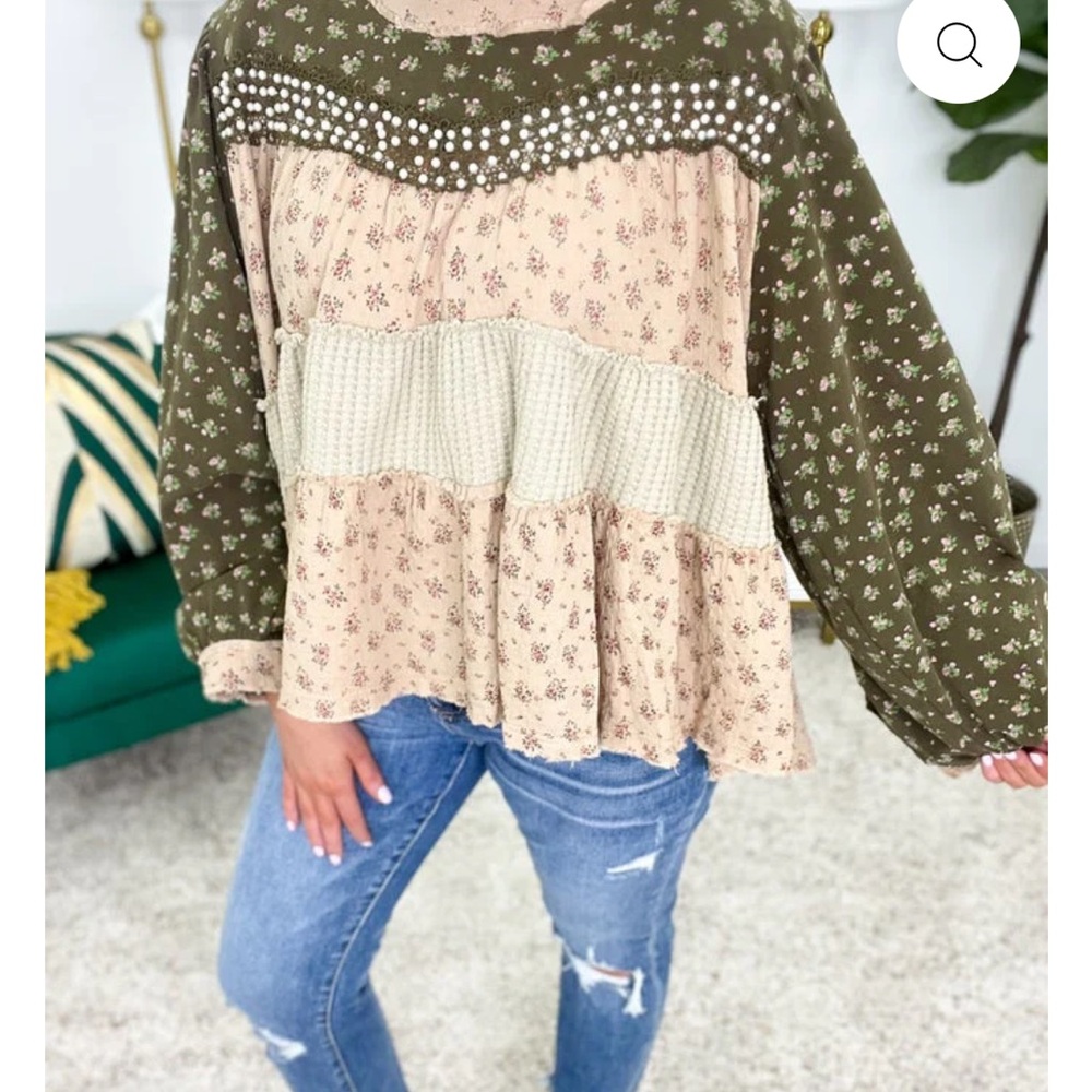 POL Genevieve Baby Toll Top, Olive/Tan/Cream, Size Small, LIKE NEW